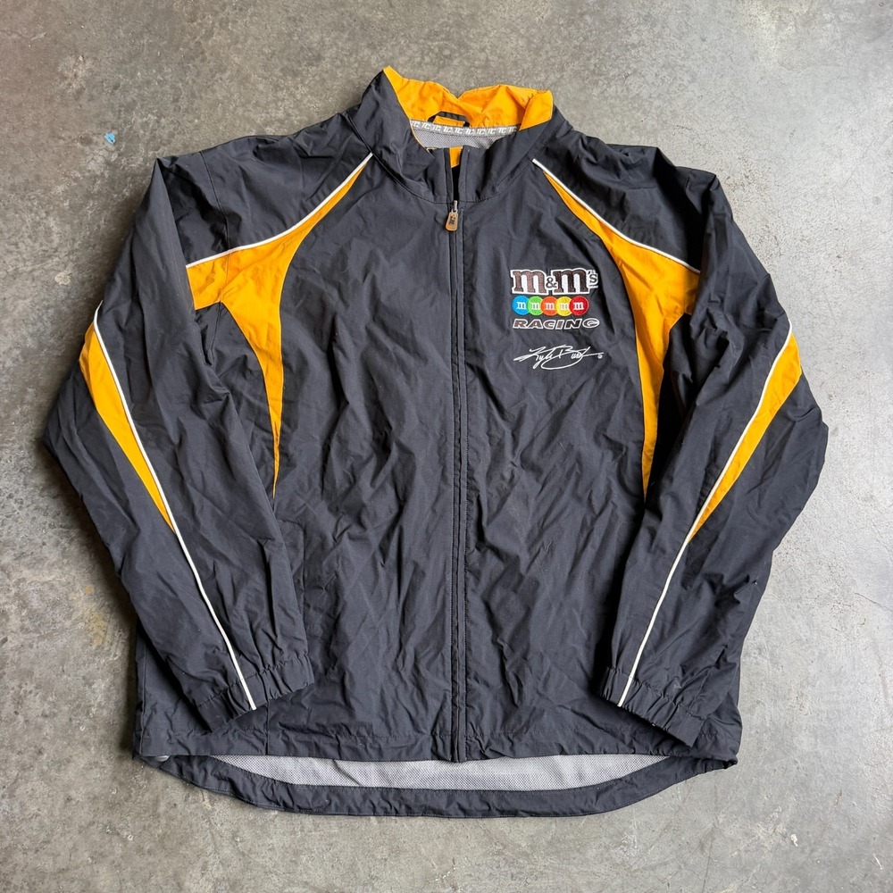 Vintage Nascar Y2K Kyle Busch MM Racing Logo Cars Full Zip Jacket Mens XL Lined